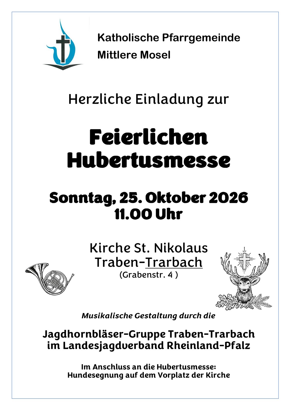 Plakat Hubertusmesse 25.10.2026 (c) Pfarrei Mittlere Mosel Plakat Hubertusmesse 25.10.2026