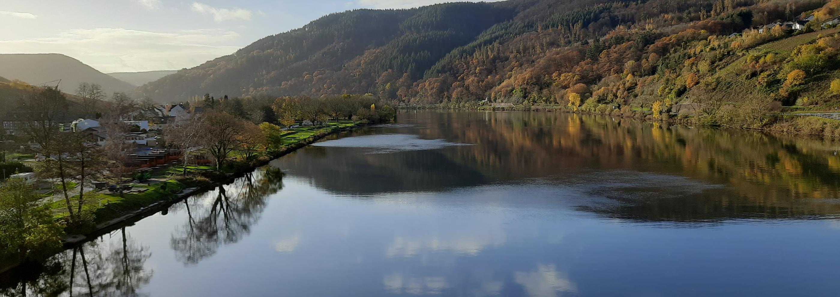 Blick auf die Mosel. Rechts und links sieht man Landschaft. Der Himmel ist blau mit ein paar Wölkchen, die sich im Wasser spiegeln
