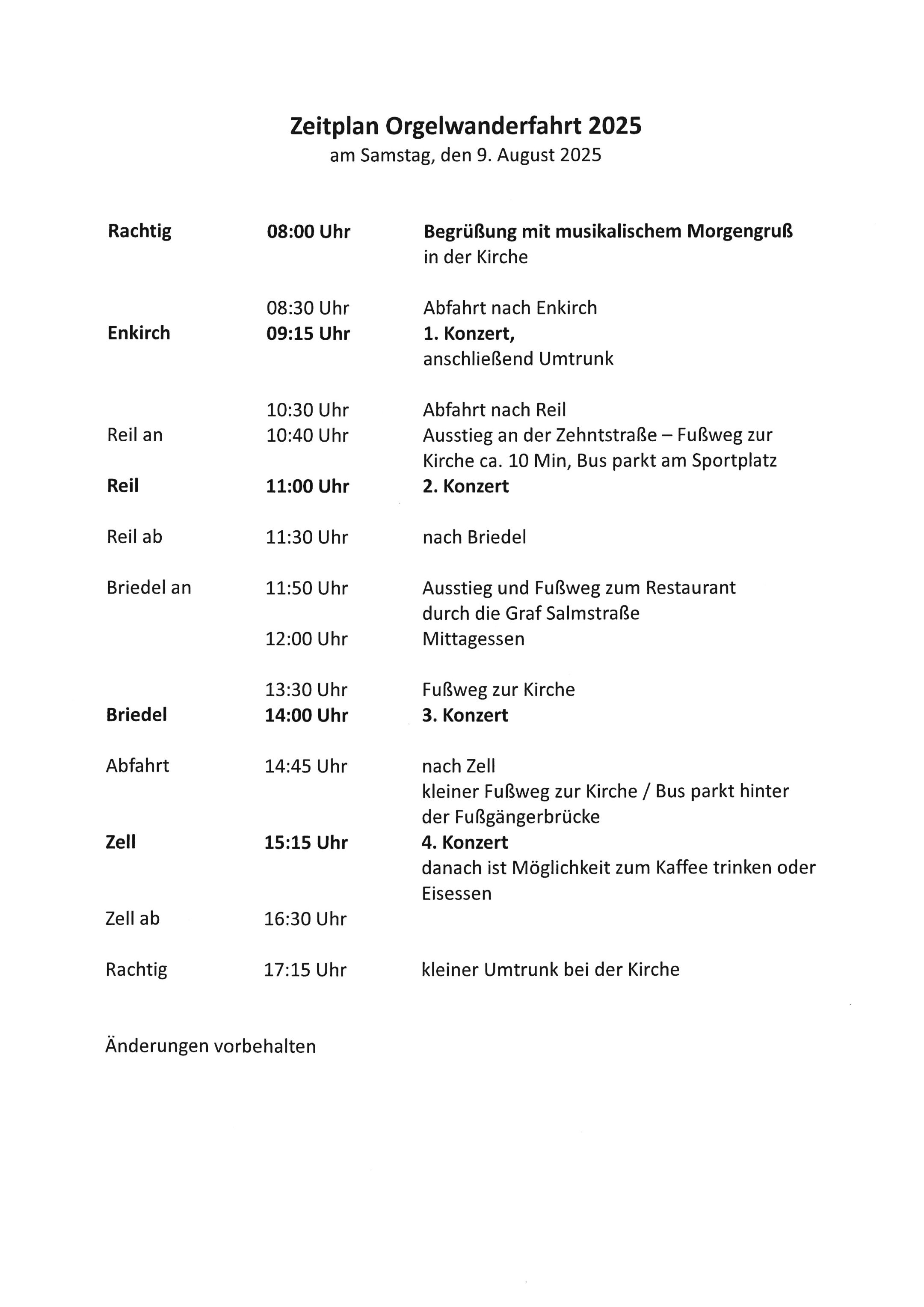 Zeitplan Orgel-Wanderfahrt